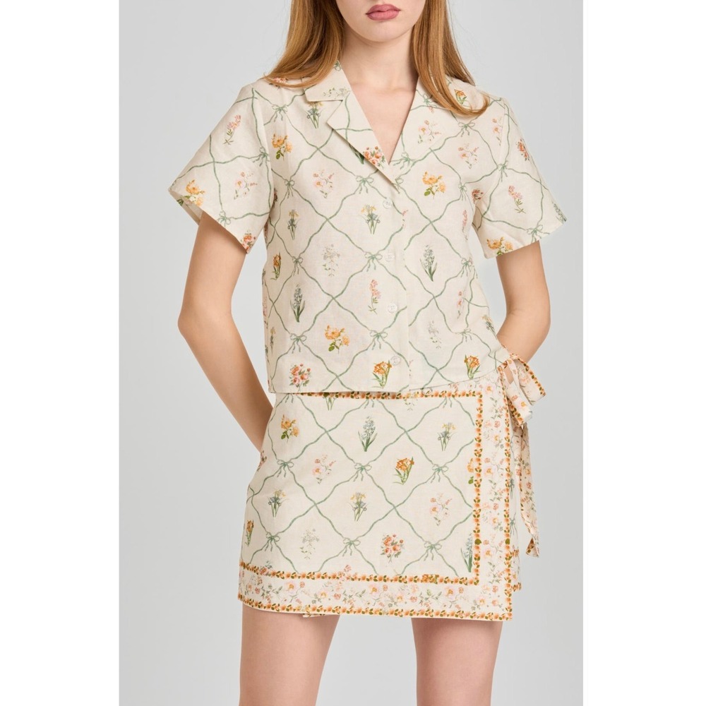 WAYF Amelia Print Linen Blend Button-Up Shirt Floral Cottagecore Top Size S